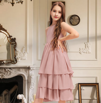Girls' Formal Dress A-Line Scoop Backless Chiffon Cascading Ruffles Girls Party Wedding Guest Dress Hot Sale Junior Bridesmaid Dress