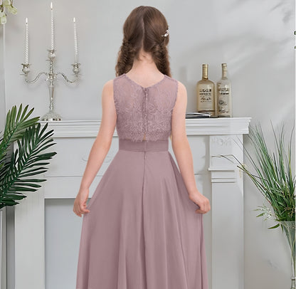 Girls' Formal Dress Elegant A-line Scoop Sleeveless 2 Pcs Floor-Length Chiffon Lace Weddings Hot Sale Junior Bridesmaid Dress