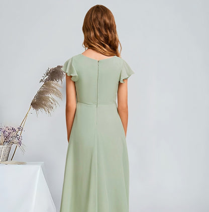 Girls' Formal Dress Elegant A-Line V-Neck Asymmetrical Charming Party Wedding Guest Dress Hot Sale Junior Bridesmaid Dress
