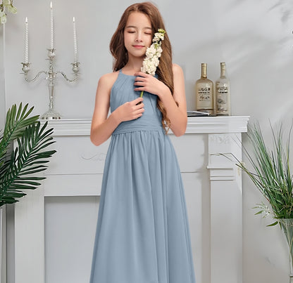 Girls' Formal Dress Graceful A Line Halter Neck Asymmetrical Ruffled Backless Simple Hot Sale Junior Bridesmaid Dress