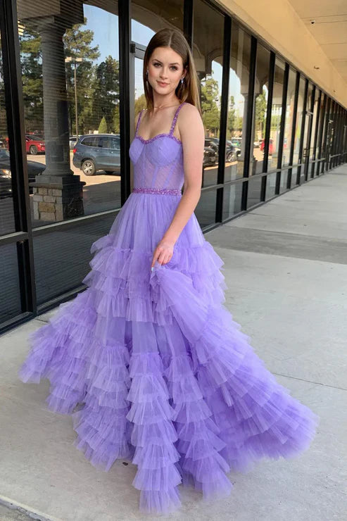 AerbaDress Lilac Evening Dress Sweetheart Ruffle Tulle A-Line Long Prom Dresses