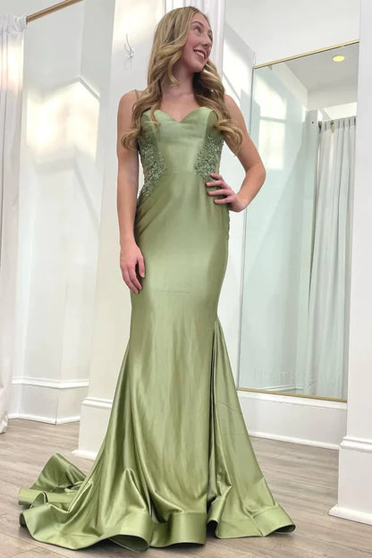 AerbaDress Sage Green Prom Dresses Spaghetti Strap Backless Trumpet Long Gown