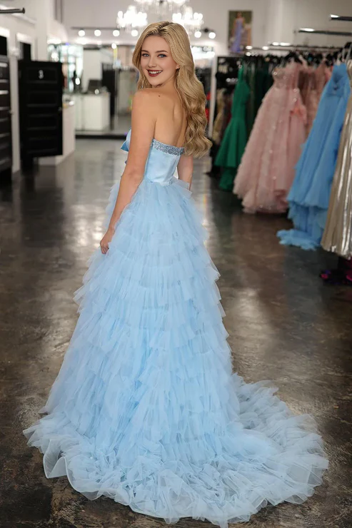 AerbaDress Fashion Light Blue Evening Dress Sweetheart Tiered Tulle Long Prom Dresses
