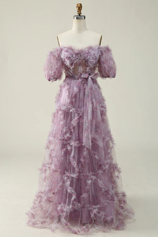 AerbaDress A Line Off the Shoulder Purple Long Prom Dress with Printing