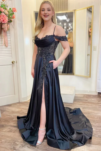 AerbaDress Fashion A Line Evening Dress Cold-Shoulder Beaded Black Prom Dresses