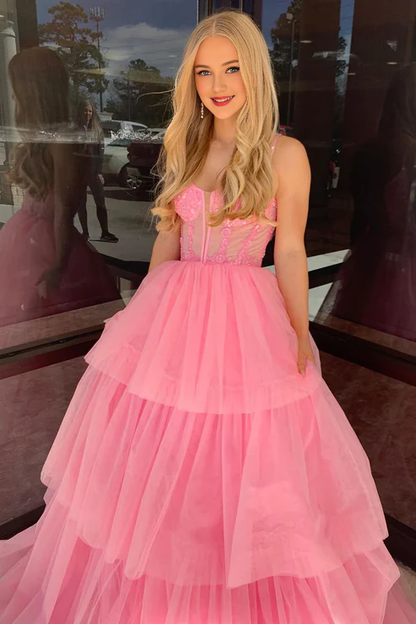 AerbaDress Fashion A-Line Evening Dress Pink Tiered Tulle Long Prom Dresses