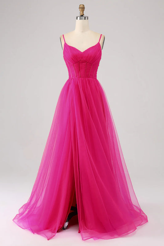 AerbaDress Fuchsia A-Line Spaghetti Straps Long Corset Prom Dress with Slit
