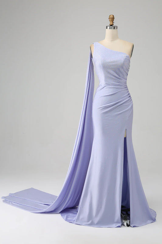 AerbaDress Mermaid Lilac One Shoulder Long Prom Dress with Slit