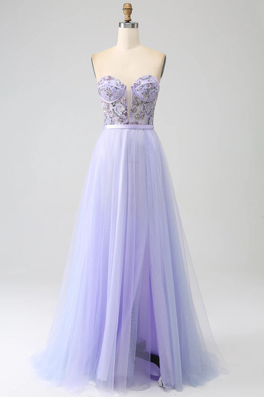 AerbaDress Lavender A Line Tulle Corset Prom Dress with Slit