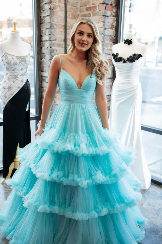 Wholesale Fashion A-Line V Neck Ruffle Tiered Tulle Long Prom Dresses Charming Evening Dress