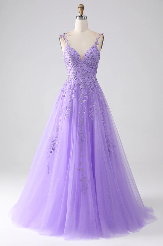 AerbaDress Lilac A-Line Spaghetti Straps Long Prom Dress with Appliques