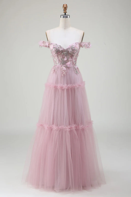 AerbaDress Off the Shoulder Tulle Pink Prom Dress with Appliques