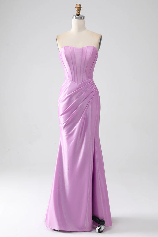 AerbaDress Strapless Purple Mermaid Corset Prom Dress with Pleated