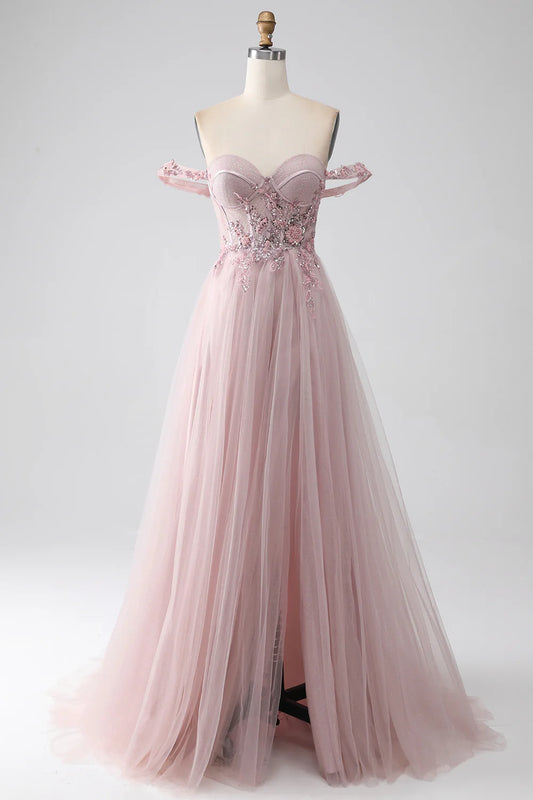 AerbaDress Off the Shoulder A Line Beaded Prom Dress with Slit