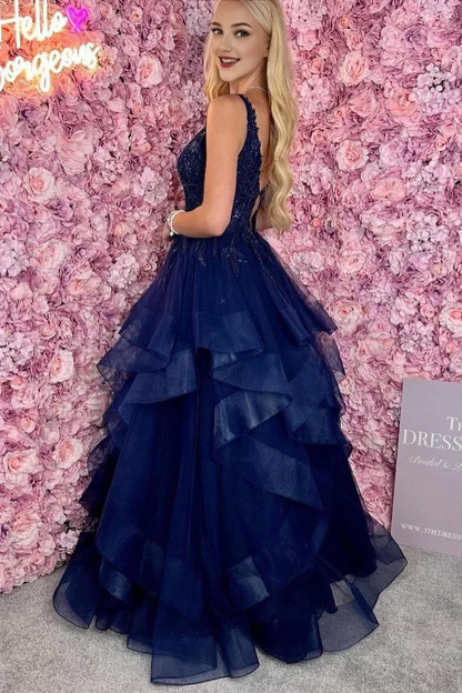 AerbaDress V Neck Long Prom Dresses Ruffle Tiered Tulle Evening Dress with Appliques Navy Blue
