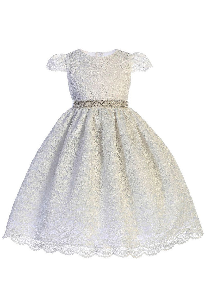 AERBA DRESS Wedding Flower Girl Dresses Shoulder Cap Sleeve Corded Lace Dress Rhinestone Belt Girls Princess Dress