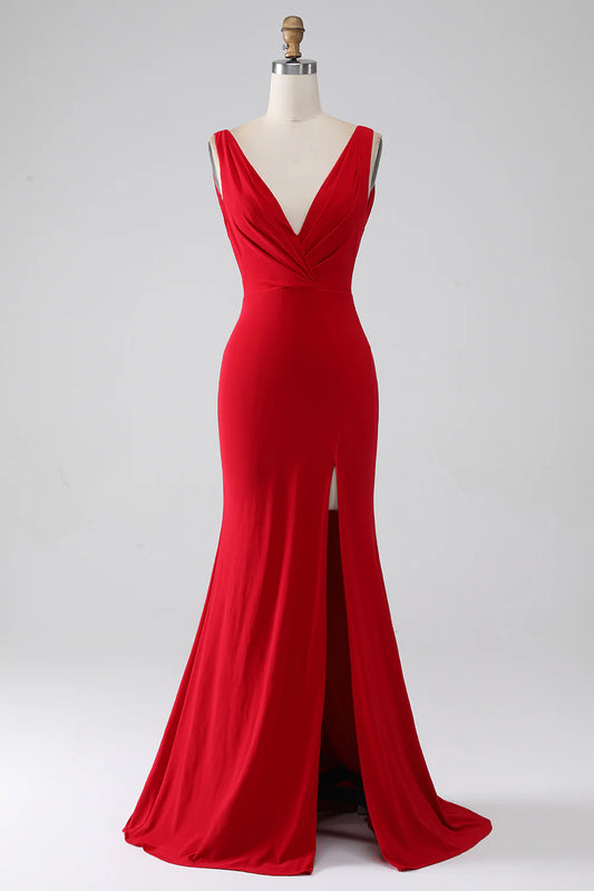 AerbaDress Mermaid V-Neck Red Prom Dress with Slit