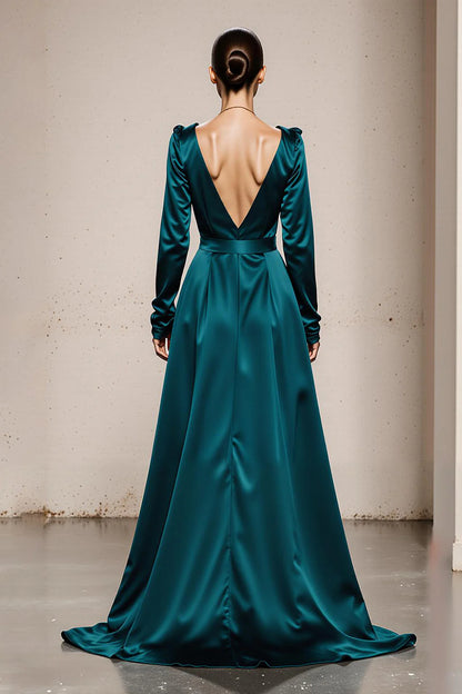 High Grade Peacock Green Satin A Line Deep V-Neck with Sleeves Backless Exquisite Long Formal Dress Hot Sale Evening Dress