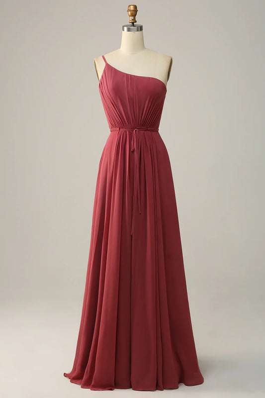 AerbaDress One Shoulder Desert Rose A Line Long Bridesmaid Dress