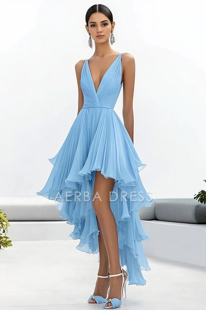 AERBA DRESS Formal Wear Dresses A Line Deep V-Neck Ruched High-Low Chiffon Exquisite Prom Dress
