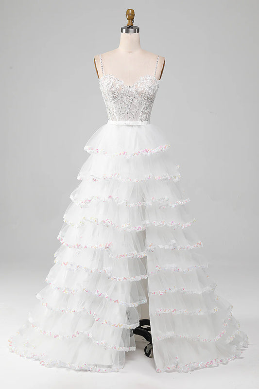 AerbaDress White A-Line Sparkly Sequin Ruffle Skirt Corset Prom Dress With Slit