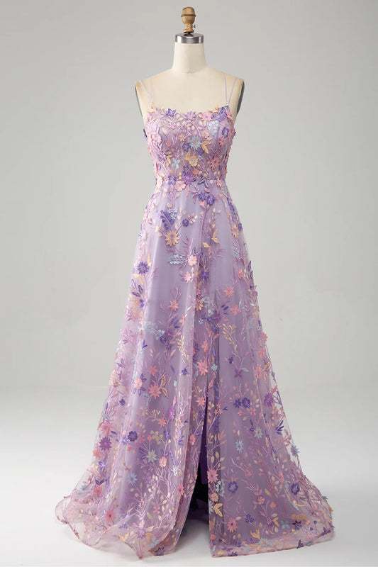 AerbaDress Light Purple A-Line Spaghetti Straps Long Prom Dress with Appliques