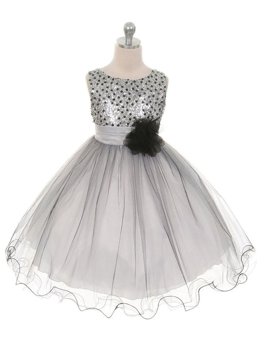 AERBA DRESS Wedding Flower Girl Dresses Round Neck Sleeveless Black & Silver Sequin Bodice Flower Sash Girls Princess Dress