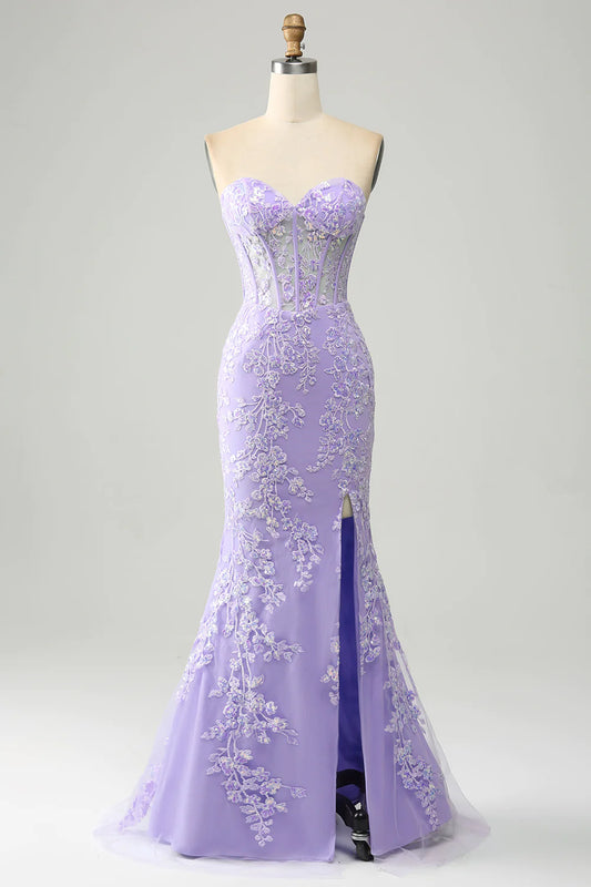 AerbaDress Light Blue Mermaid Sweetheart Corset Appliques Prom Dress With Side Slit
