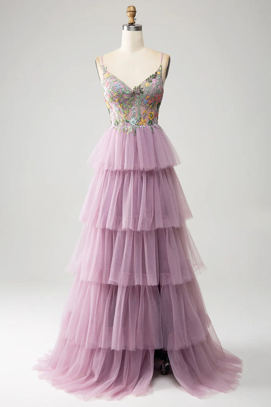 AerbaDress Mauve A-Line Corset Tiered Long Prom Dress With Appliques