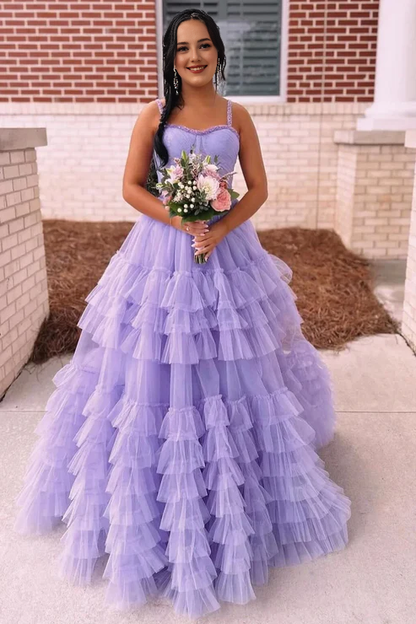 AerbaDress Fashion Tiered Prom Dresses Ruffle Tulle Prom Dress Beaded Evening Dresses