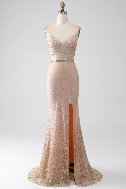 AerbaDress Mermaid Champagne Spaghetti Straps Long Prom Dress with Slit