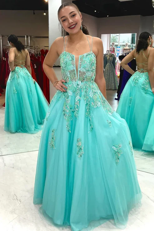 AerbaDress Elegant A Line Prom Dresses Spaghetti Straps Turquoise Tulle Long Evening Dresses