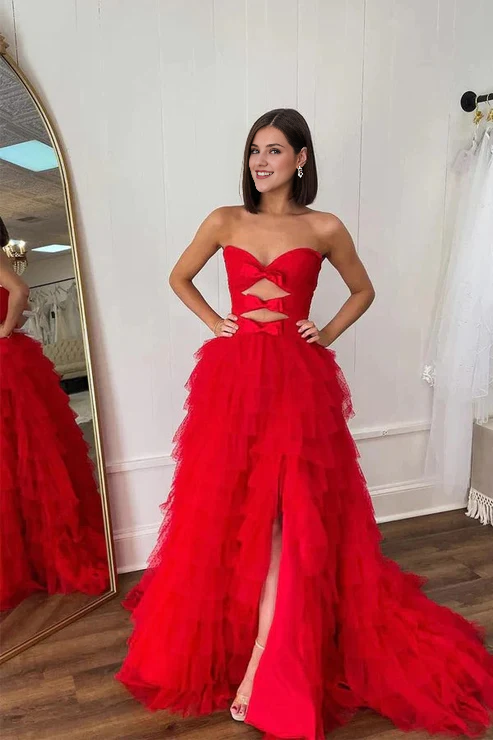 Wholesale Red Strapless Long A-line Prom Dresses Layers Bows Evening Dress