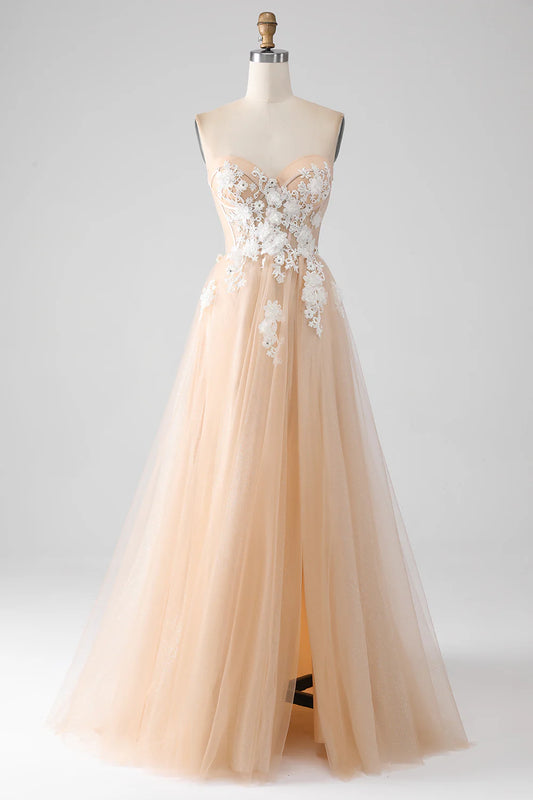 AerbaDress A-Line Champagne Strapless Corset Prom Dress with Appliques