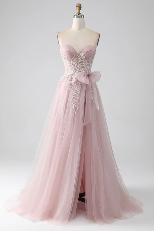 AerbaDress Sparkly A Line Strapless Tulle Prom Dress with Bow