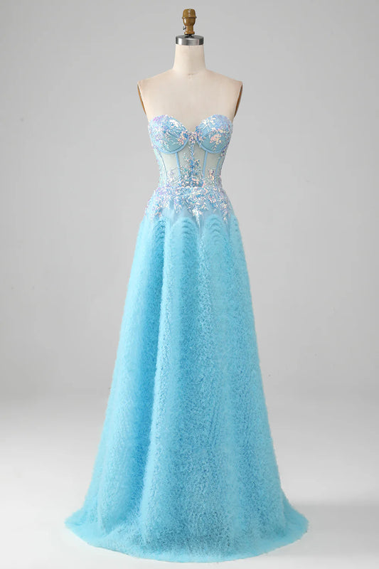 AerbaDress Sky Blue Sweetheart Corset Prom Dress with Sequins