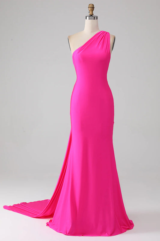 AerbaDress Mermaid Hot Pink One Shoulder Long Prom Dress