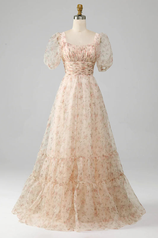 AerbaDress Champagne A-Line Floral Print Pleated Tiered Prom Dress With Puff Sleeves