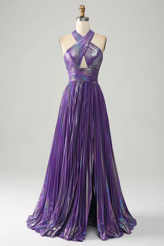 AerbaDress Sparkly Purple Halter A Line Prom Dress with Pleated