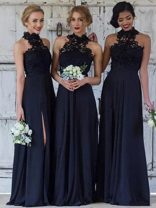 A-Line/Princess Chiffon Lace Halter Sleeveless Floor-Length Bridesmaid Dresses