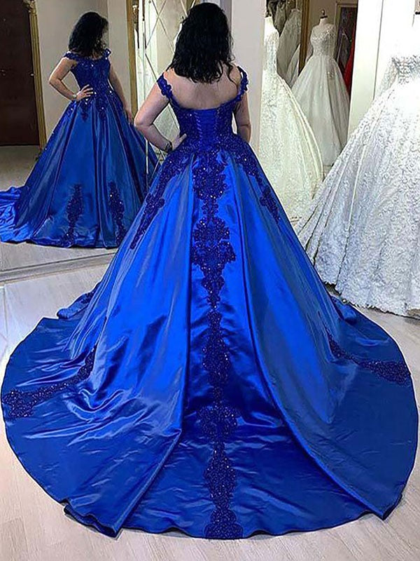 Ball Gown Satin Applique Straps Sleeveless Court Train Dresses