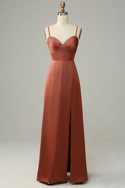 AerbaDress Brick Red Sheath Spaghetti Straps Satin Bridesmaid Dress With Slit
