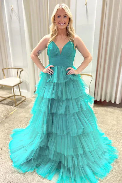 AerbaDress Fashion Lilac Evening Dress V Neck Ruffle Tiered Long Prom Dresses