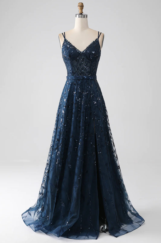 AerbaDress A-Line Dark Navy Spaghetti Straps Long Prom Dress with Slit