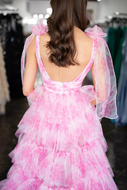 AerbaDress Pink Evening Dress Floral Printed V Neck Ruffle Tiered Long Prom Dresses