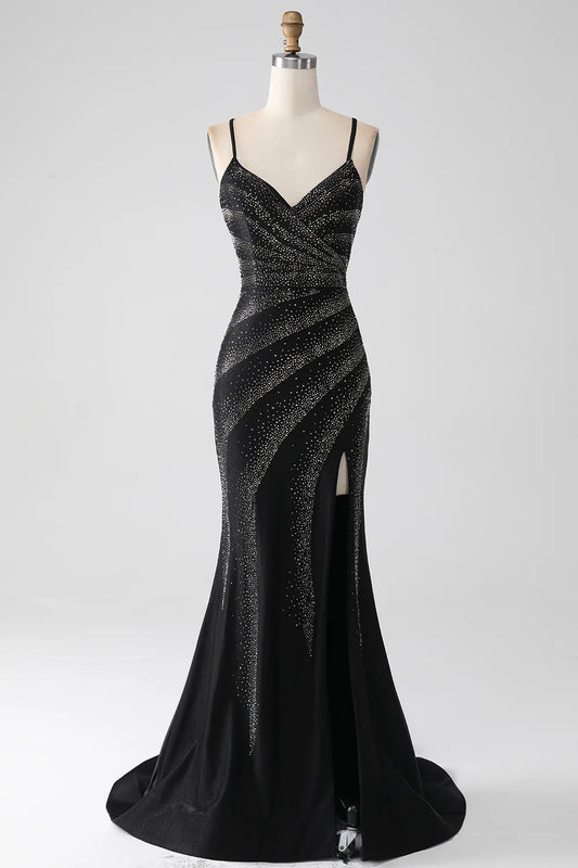 AerbaDress Mermaid Beaded Black Prom Dress with Slit