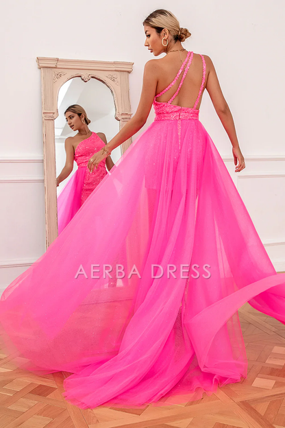 AERBA DRESS Formal Wear Dresses Fashion One Shoulder Sequin Backless Short Skirt Detchable Train Prom Dress