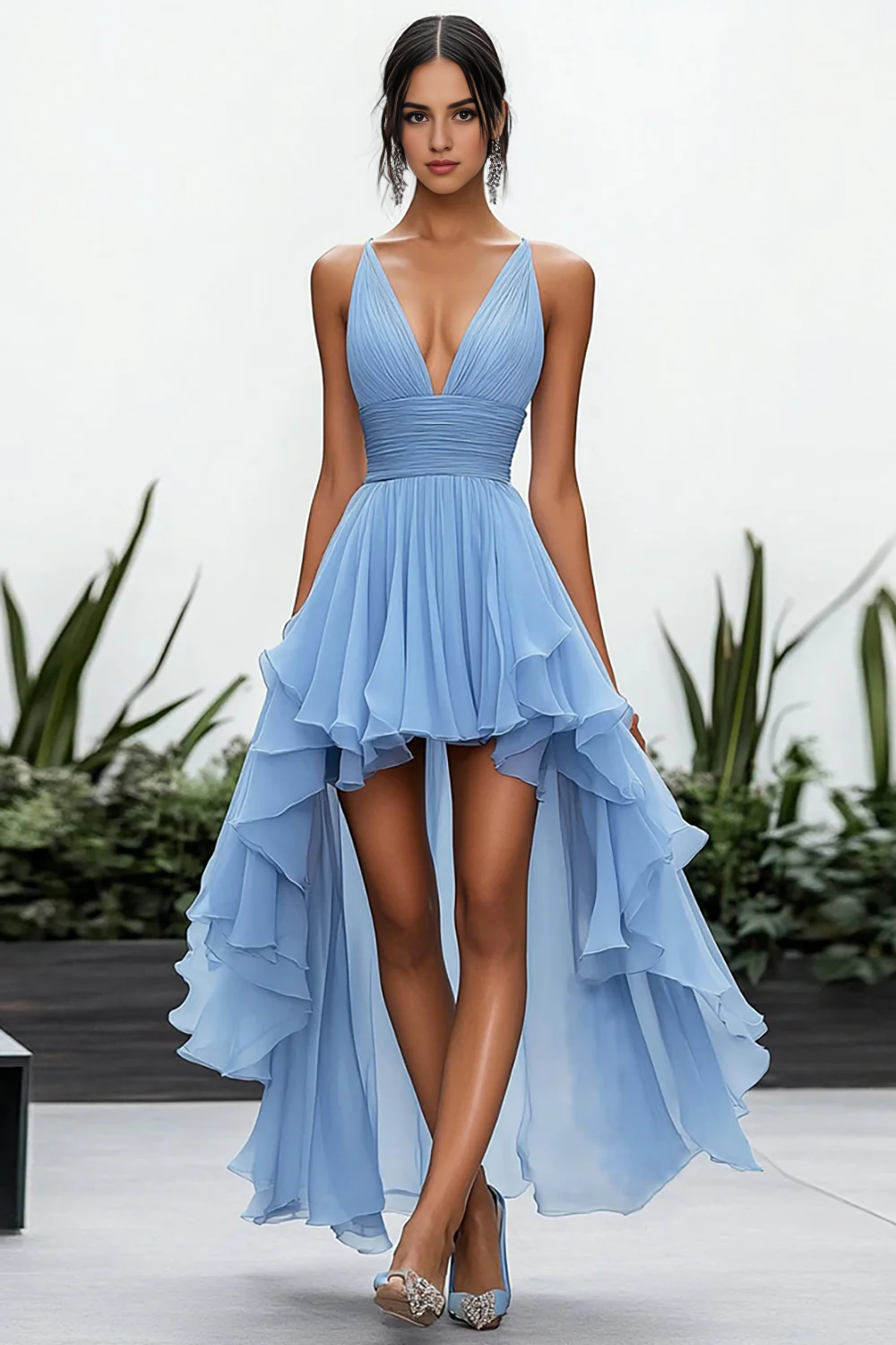 AERBA DRESS Formal Wear Dresses A Line Deep V-Neck High-Low Chiffon Ruched Fashion Prom Dress