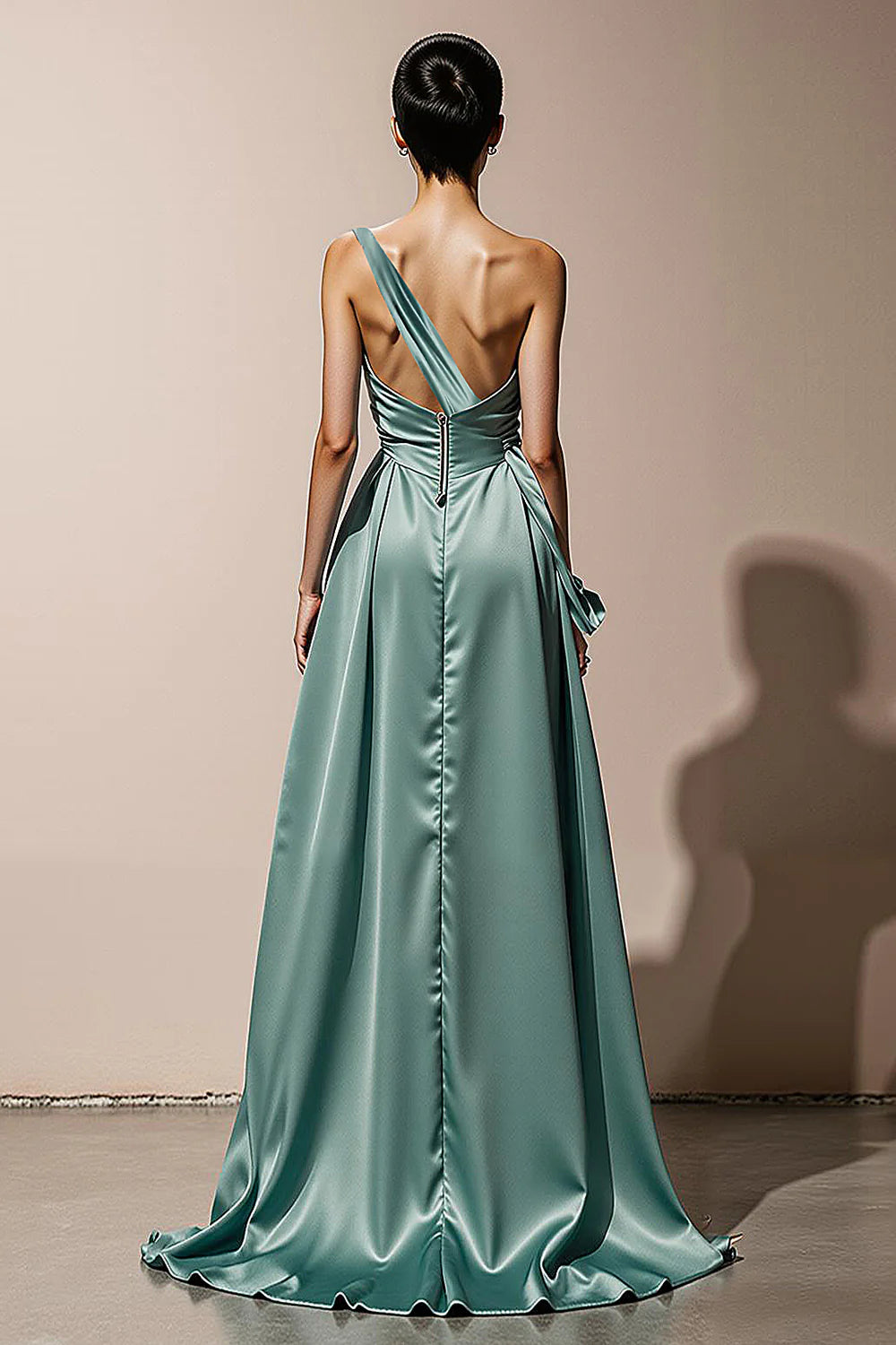 Mint Green Satin Sheath One Shoulder Pleated Waist with Slit Backless Fashion Long Formal Dress Hot Sale Evening Dress