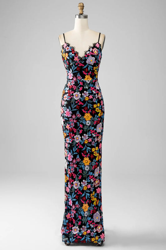 AerbaDress Black Floral Mermaid Spaghetti Straps Long Prom Dress With Embroidery